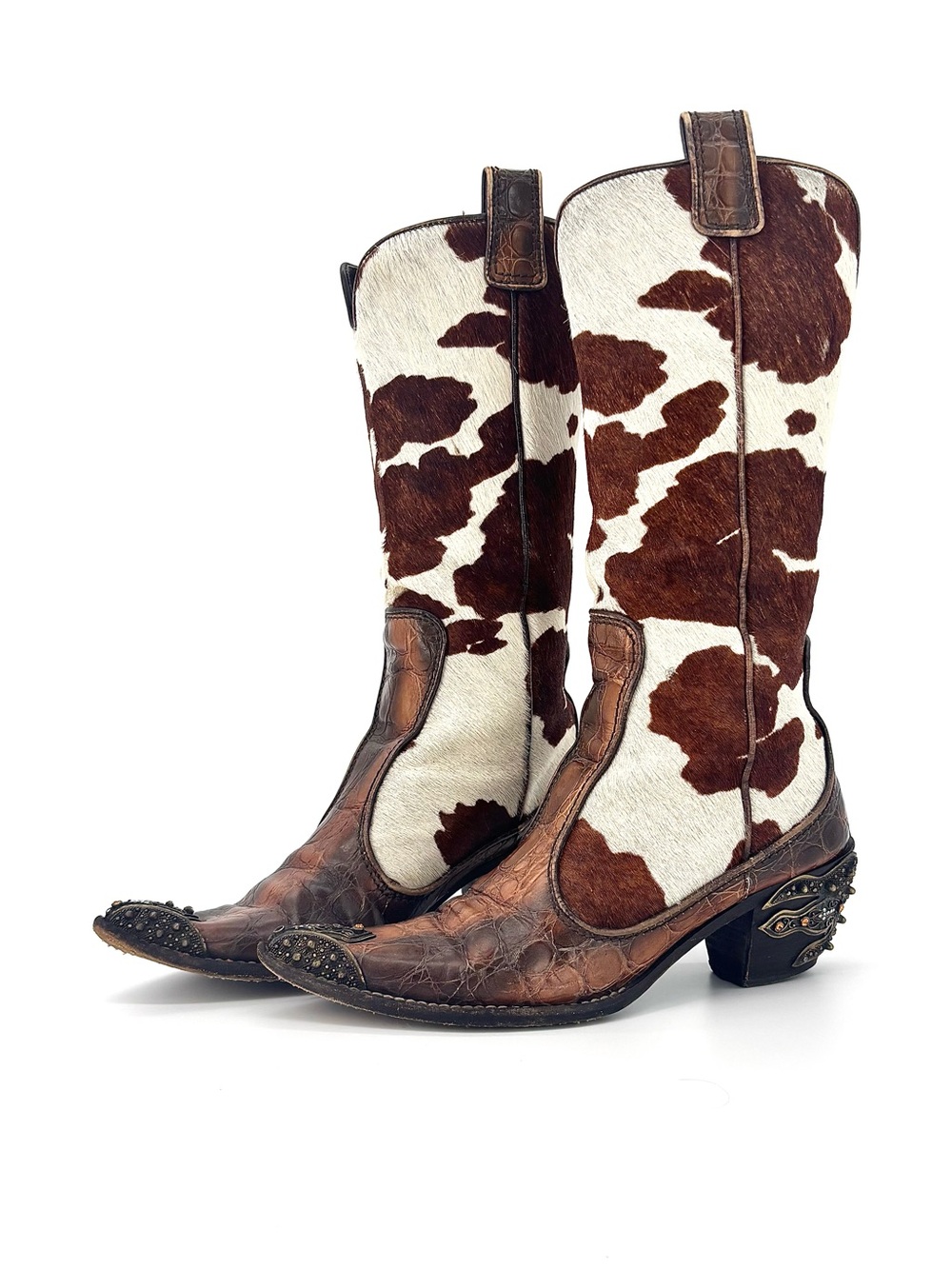 Giuseppe Zanotti Crystals Cow Print Pull On Western Cowgirl Heeled Boots 7